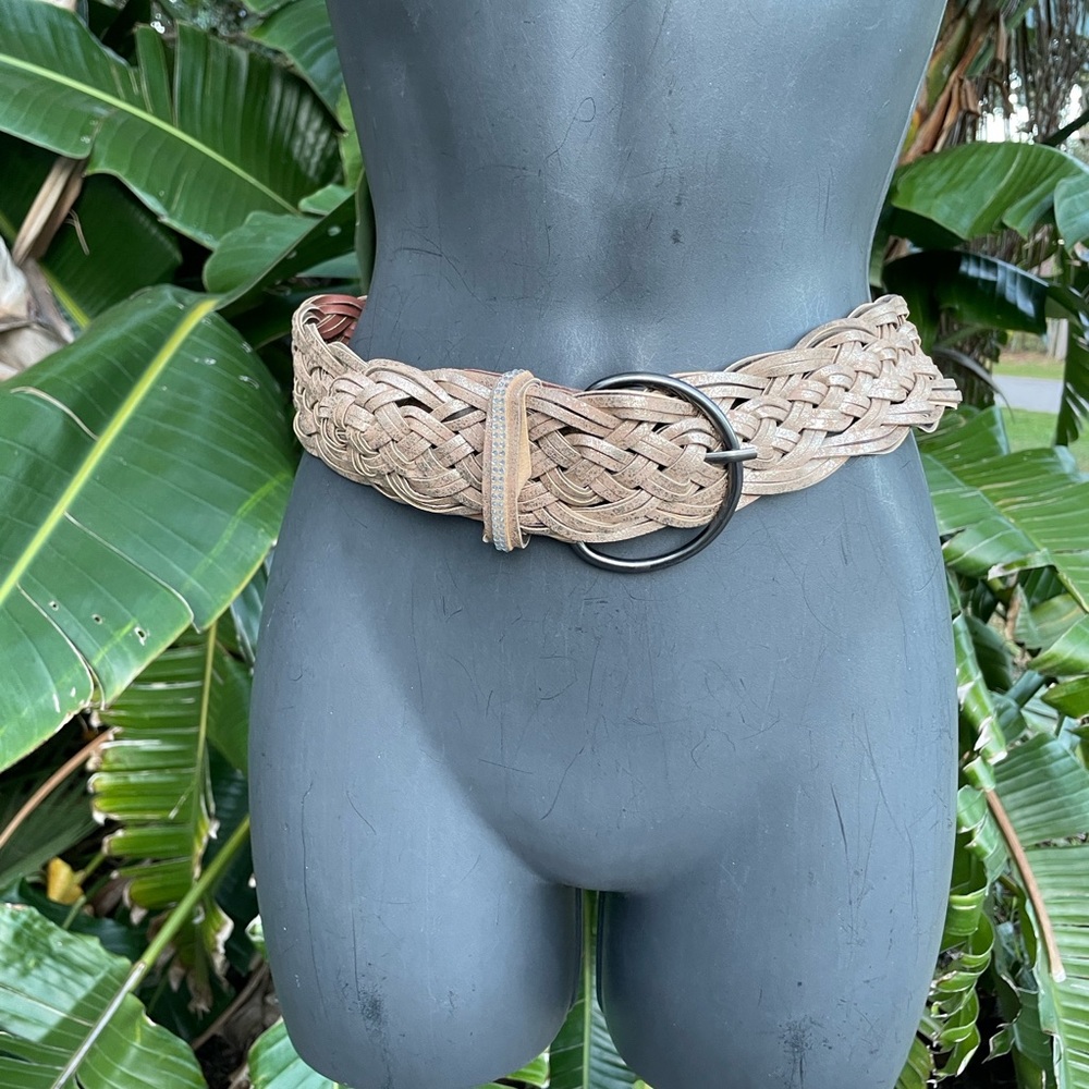 Wide woven, silver, leather statement, belt